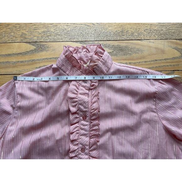 Vintage 80s Victorian Pink Ruffled Trim Modest Blouse Large Cottage High Collar - Picture 7 of 10